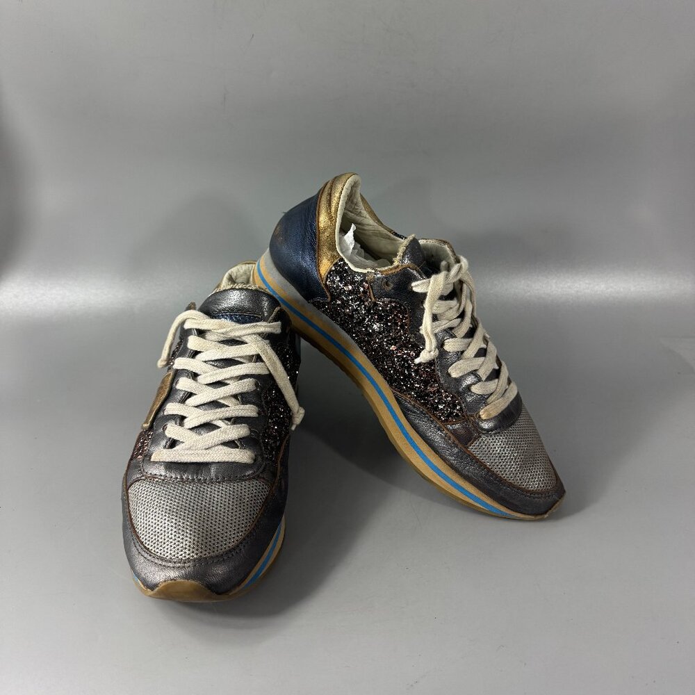 Philippe Model Gray/Gold/Blue Sneakers, Size 38